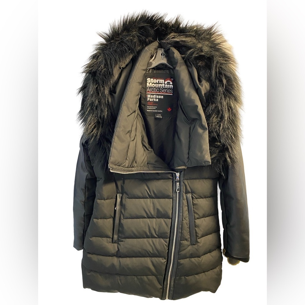 Storm Mountain Madison Parka Black Winter Coat Removable Faux Fur Hood Size L
